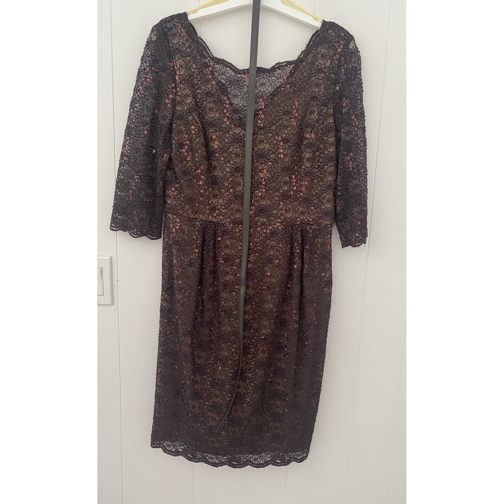 ALEX EVENINGS Women Size 10P Brown Floral Lace Crew Neck 3/4 Sleeve Sheath Dress